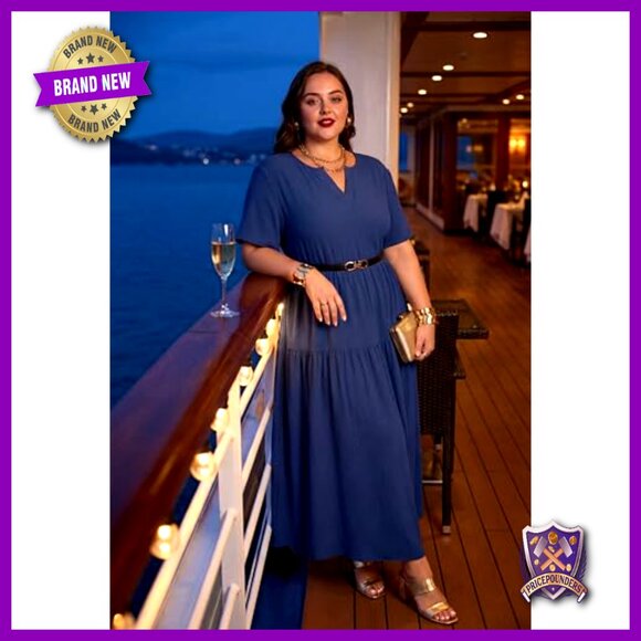 Plus Size Maxi Dress with Pockets V-Neck Short Sleeve Boho Summer - Picture 4 of 7